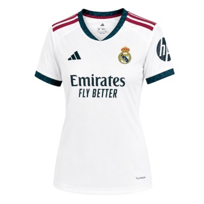 T-shirt desportiva branca feminina Real Madrid com logos e detalhes coloridos