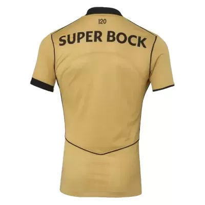 Camisola desportiva amarela com detalhes pretos e texto 120 SUPER BOCK nas costas
