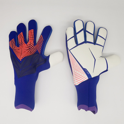 Par de luvas desportivas para guarda-redes azul e branco com detalhes em vermelho e roxo