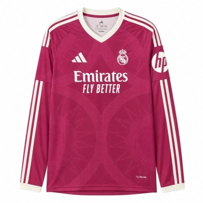 Camisola de futebol de manga comprida rosa com logos Adidas, Real Madrid e Emirates FLY BETTER