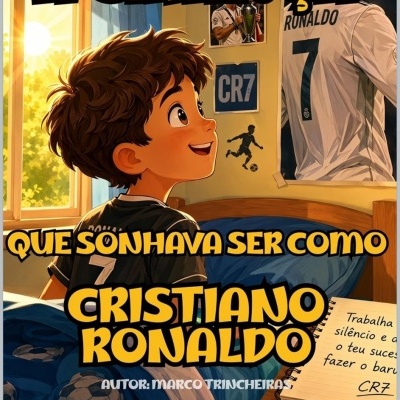 Capa de livro infantil sobre Cristiano Ronaldo com ilustrações e texto em português.