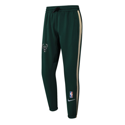Calças desportivas verdes com risca bege e logótipos NBA e Nike