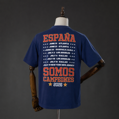 T-shirt azul escura com texto e datas nas costas em mannequin