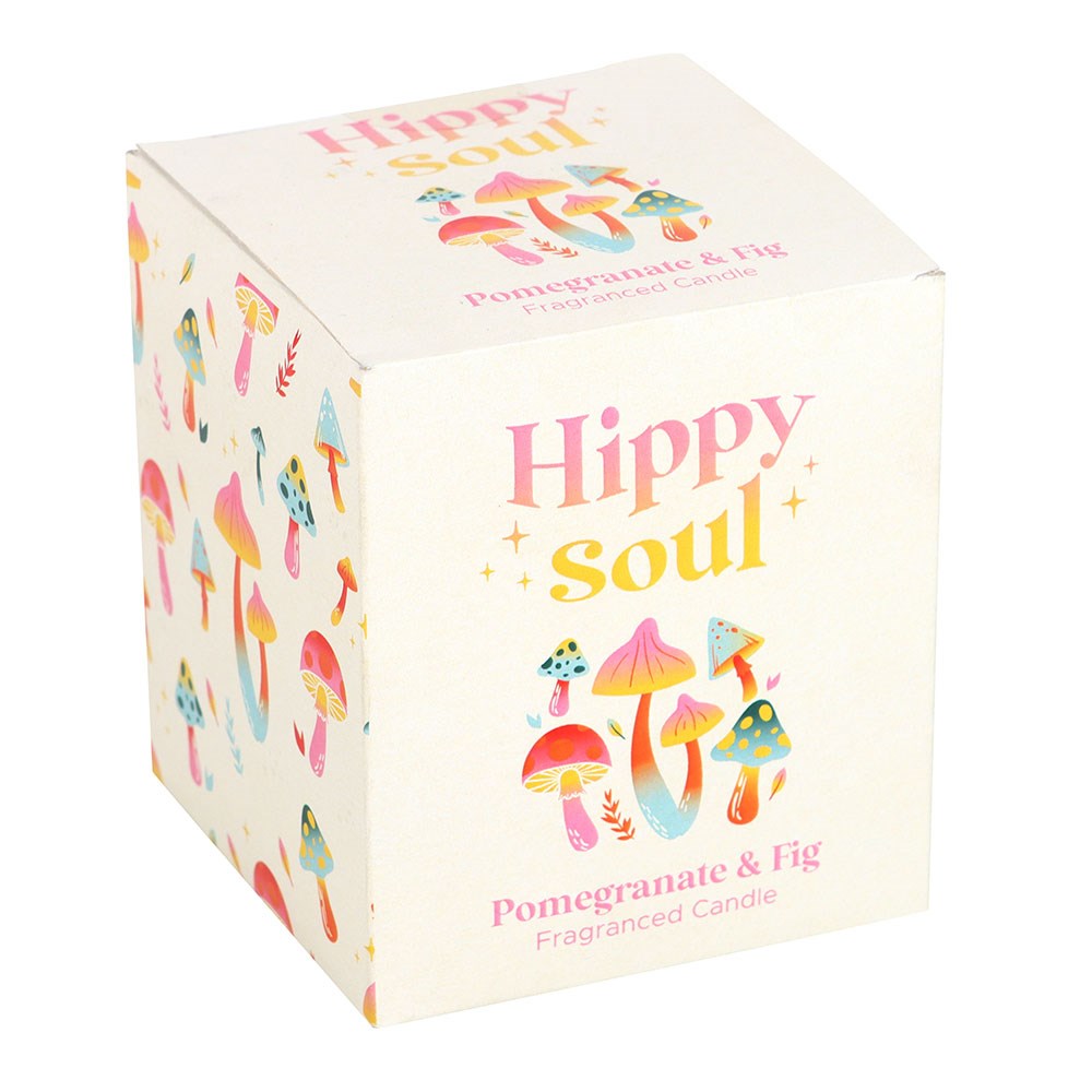 Caixa de vela perfumada Hippy Soul com ilustrações de cogumelos coloridos