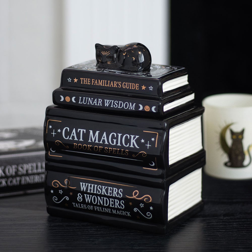 Queimador de Óleo / Cera - Livro e Gato Conjunto decorativo de cerâmica preta em forma de livros empilhados com gato preto em cima