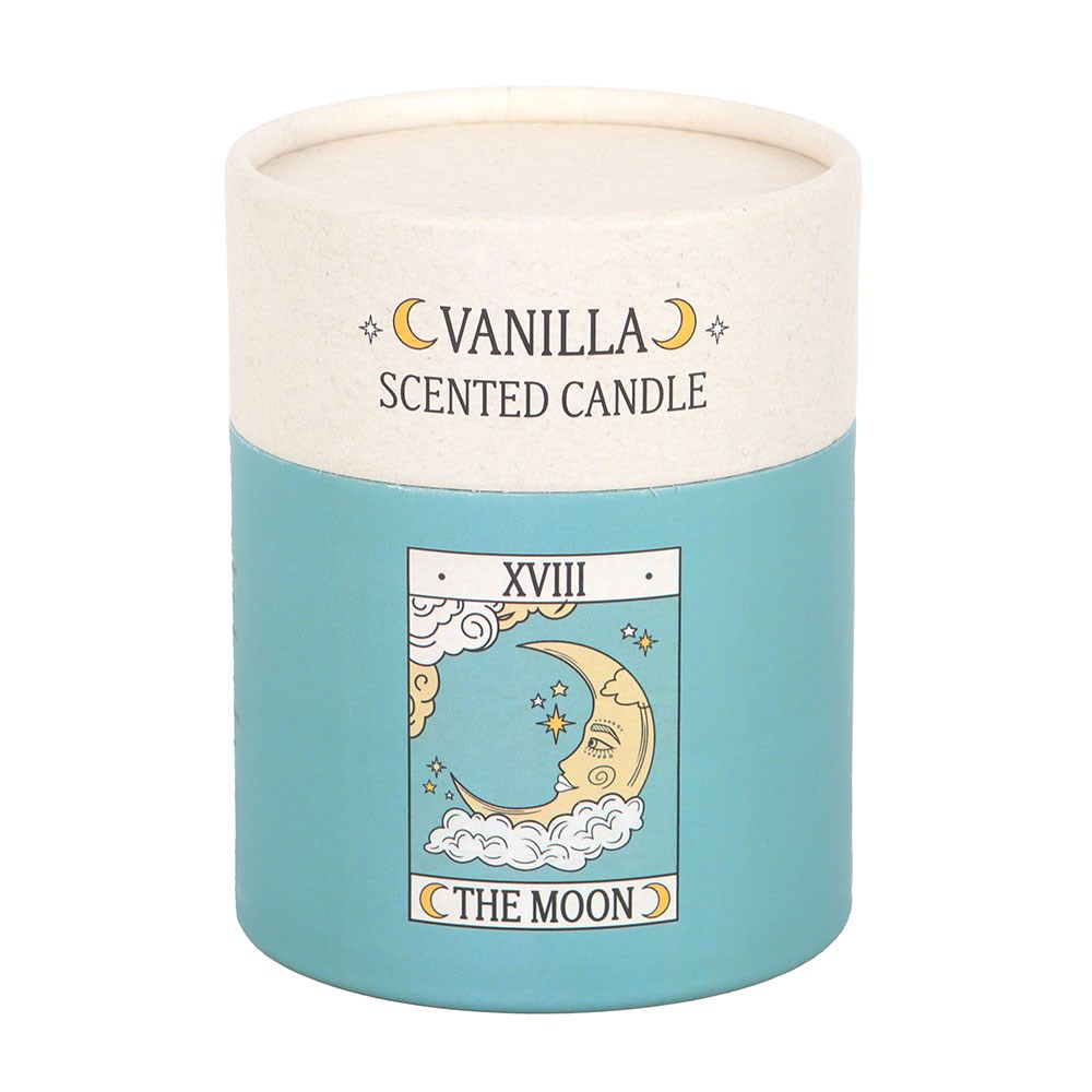 Caixa cilíndrica de vela aromática com design de lua e texto vanilla