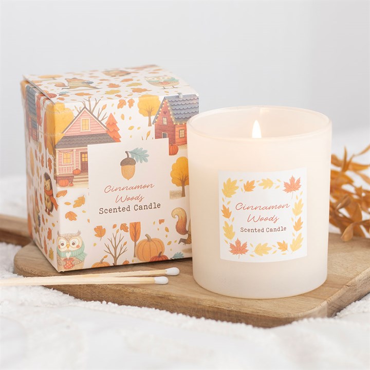 Vela perfumada Cinnamon Woods com caixa decorativa em ambiente de madeira