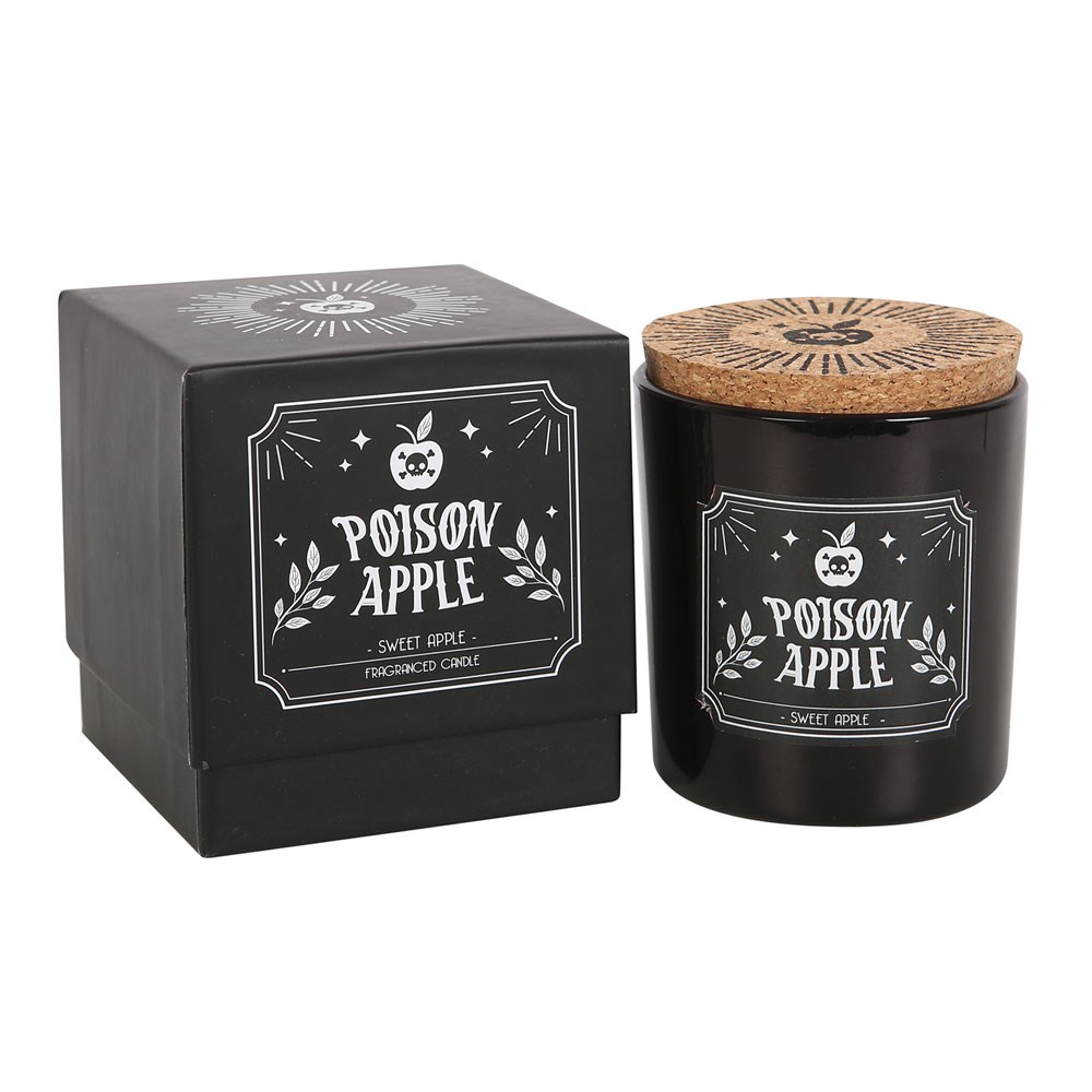 Vela perfumada em copo preto com tampa de cortiça e caixa preta com etiqueta POISON APPLE