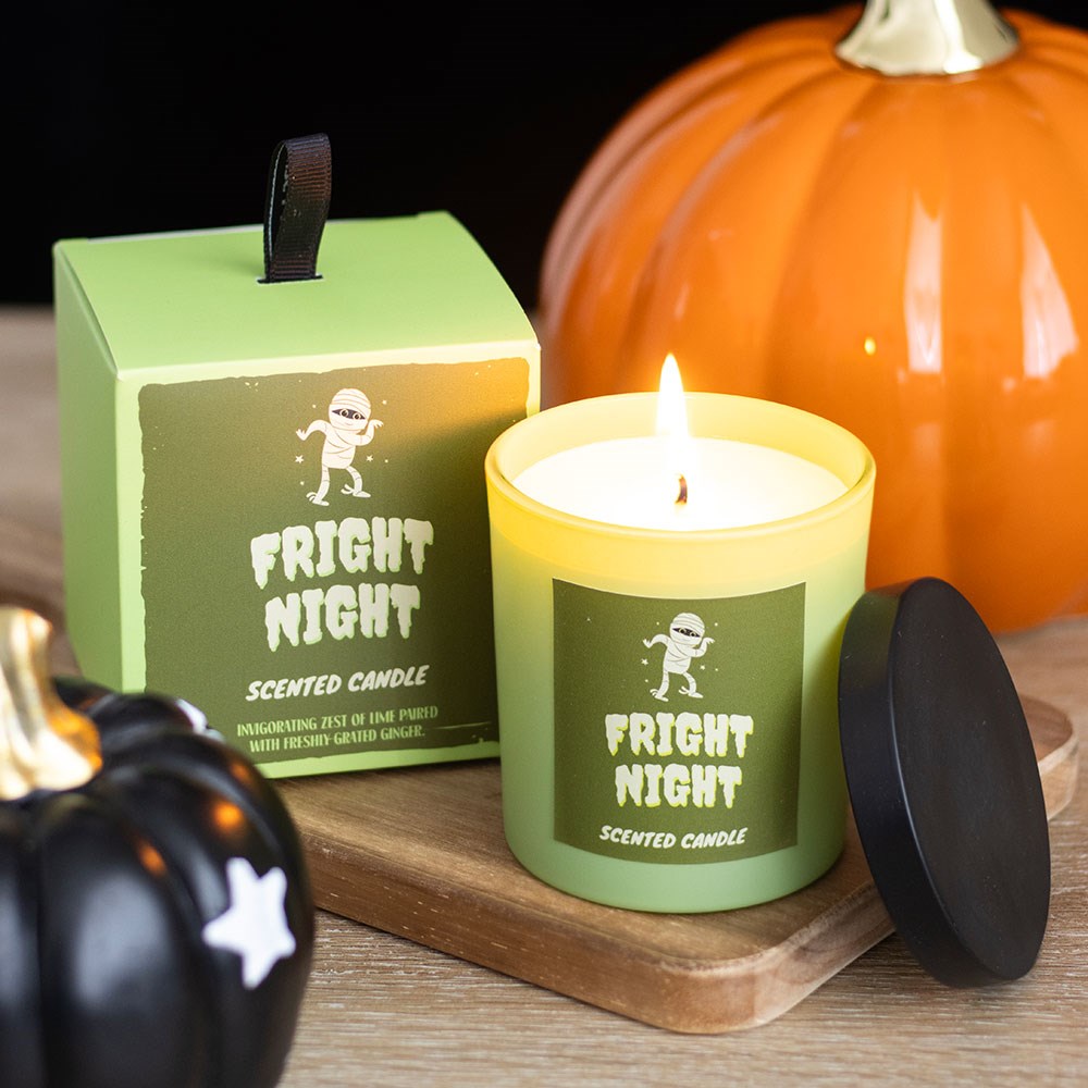 Vela perfumada Fright Night em vidro verde com caixa e decoração de Halloween