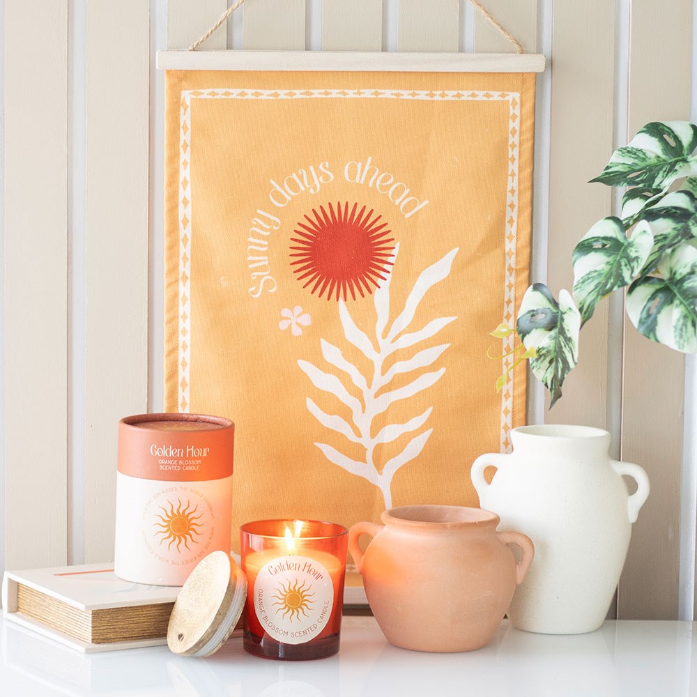Conjunto decorativo com vela, embalagem, quadro Sunny days ahead, vasos de cerâmica e planta verde e branca