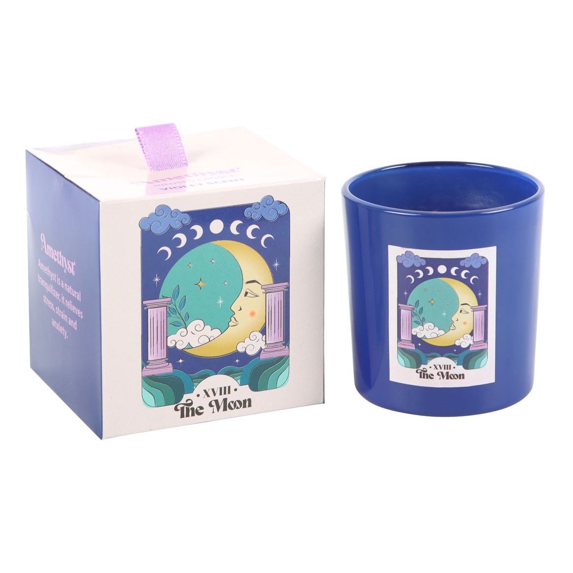 Vela azul e embalagem com ilustração da lua e texto XVIII The Moon
