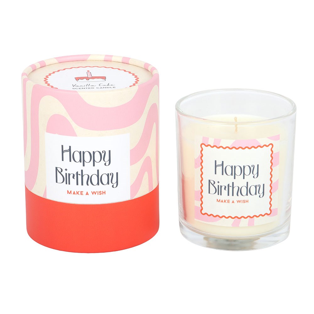 Vela perfumada branca com embalagem colorida e texto Happy Birthday MAKE A WISH.