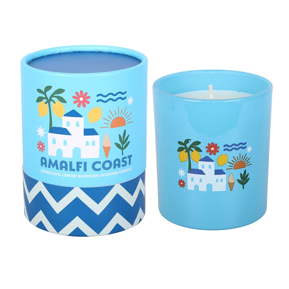 Vela perfumada azul com ilustração colorida e embalagem cilíndrica azul com padrão ziguezague