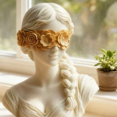 Busto decorativo branco com faixa floral castanha a cobrir os olhos, livro e planta na mesa junto a uma janela