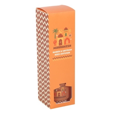Embalagem laranja de difusor de varetas com padrão zig-zag castanho e bege e ilustração colorida com texto