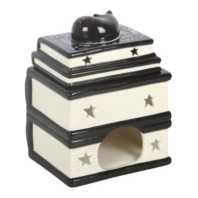 Incensário cerâmico em forma de livros com gato preto no topo