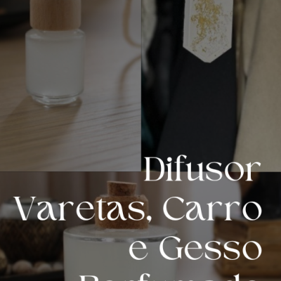 Difusores perfumados em vidro e gesso com tampa de madeira em ambiente interno