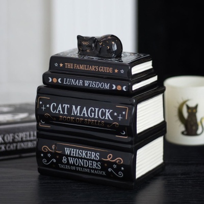 Conjunto decorativo de cerâmica preta em forma de livros empilhados com gato preto em cima