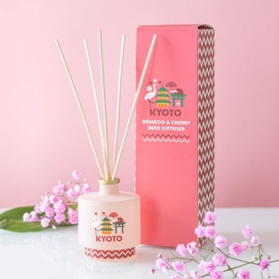 Difusor de varetas aromatizador rosa e embalagem rosa com texto