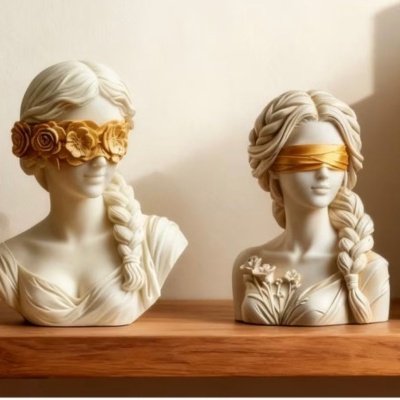 Dois bustos decorativos femininos em resina branca com faixas douradas nos olhos, numa prateleira de madeira com duas plantas em vasos pequenos.