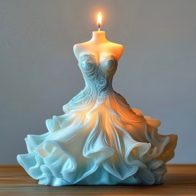 Vela decorativa em forma de vestido branco com chama acesa no topo, sobre mesa de madeira