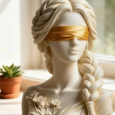 Busto feminino decorativo em cerâmica com faixa dourada nos olhos e flores no ombro