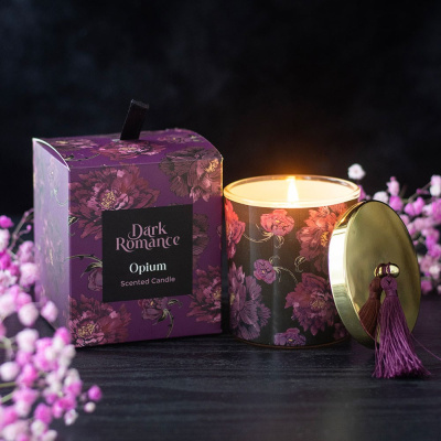Vela perfumada Dark Romance Opium com embalagem e tampa dourada decorativa