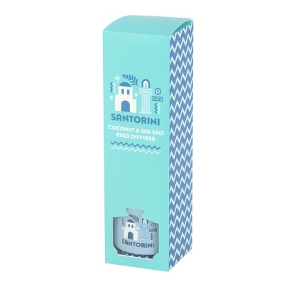 Difusor de varetas SANTORINI azul com embalagem azul clara e padrão zigzag