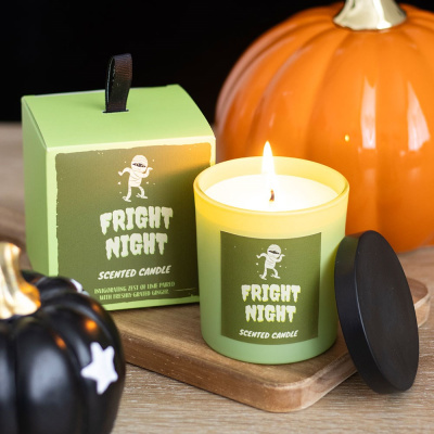 Vela perfumada Fright Night em vidro verde com caixa e decoração de Halloween