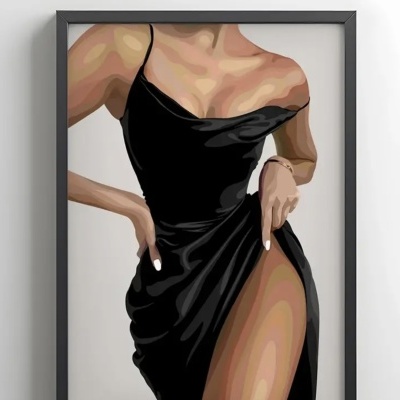 Quadro com imagem digital de mulher com vestido preto e corte alto