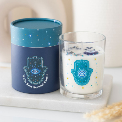 Vela perfumada White Rose em copo de vidro com caixa azul decorada