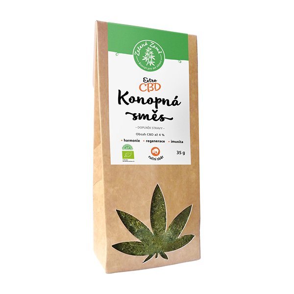 CBD Extra hemp tea 4%, 35 g Embalagem de erva com recorte em forma de folha de cannabis