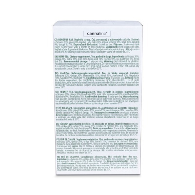 Embalagem branca de suplemento alimentar cannaline com texto multilíngue