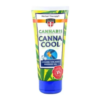 Tubo de gel de massagem Cannabis Canna Cool com rótulo azul, verde e branco.