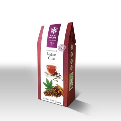 Pacote de chá Indian Chai com CBD 3% da marca Plant of Life em embalagem vermelha e branca