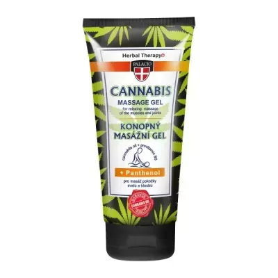 Tubo de gel de massagem cannabis com folhas verdes e texto em inglês e checo