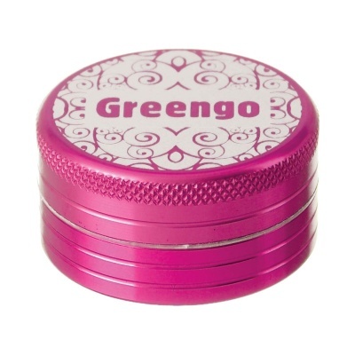 Triturador metálico rosa com tampa branca decorada e texto GREENGO
