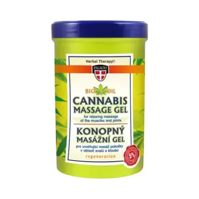 Frasco verde de gel de massagem Cannabis com tampa azul e rótulo com texto