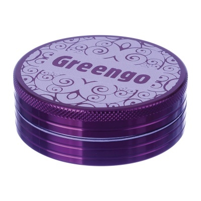 triturador de ervas metal roxo com tampa decorada e texto Greengo