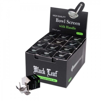 Caixa preta com 24 filtros metálicos para bowl com pega da marca Black Leaf.