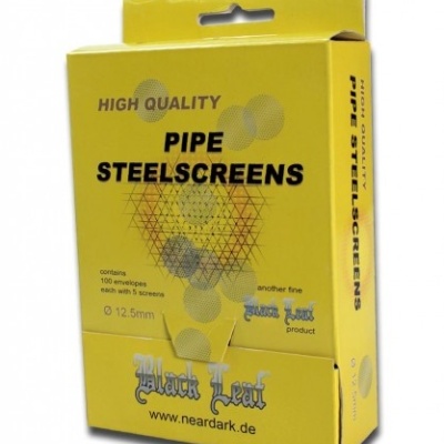 Embalagem amarela com filtros metálicos para cachimbos e texto informativo