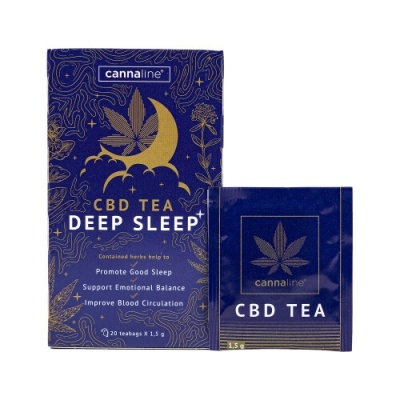 Caixa e sachê azul escuro e dourado de CBD Tea Deep Sleep da cannaline com folha de cânhamo e lua