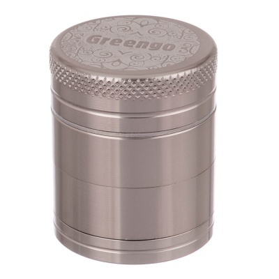 Recipiente metálico prateado com tampa roscada e texto Greengo
