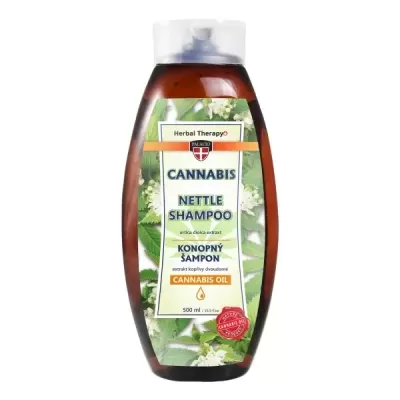 Frasco de shampoo Cannabis Nettle com rótulo verde e branco