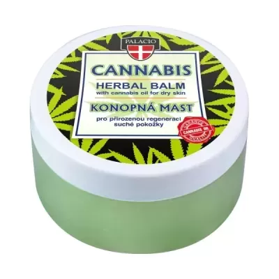Frasco verde de bálsamo herbal cannabis com tampa branca com padrão de folhas
