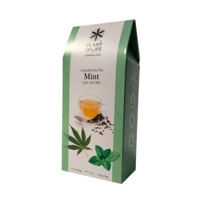 Caixa de chá Plant of Life Cannabis Eco Tea Mint com folhas de cannabis e hortelã