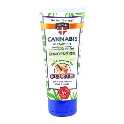 tubo de gel de massagem cannabis com tampa azul e texto em várias línguas