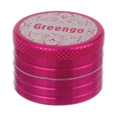 Triturador de ervas cor-de-rosa metálico com texto Greengo no topo