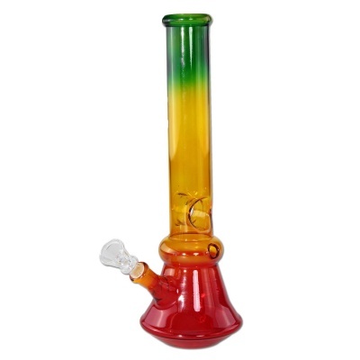 Bong de vidro colorido com base vermelha e tubo amarelo e verde