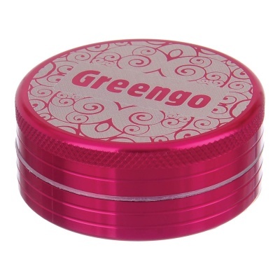 Lata metálica cor-de-rosa com tampa decorada e texto Greengo